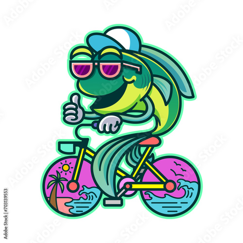 illustration of cartoon fish riding bycicle