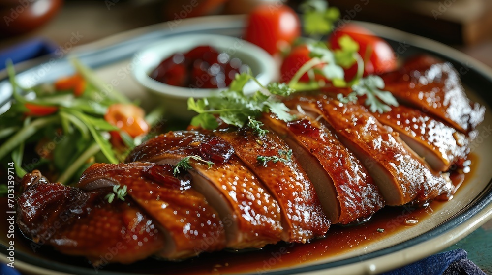 The roast goose and a small dish of delicious plum sauce, Adding to the flavor. Generative AI. The roast goose and a small dish of delicious plum sauce, Adding to the flavor. Generative AI.