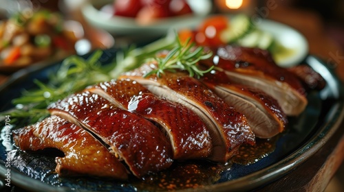 The roast goose and a small dish of delicious plum sauce, Adding to the flavor. Generative AI.