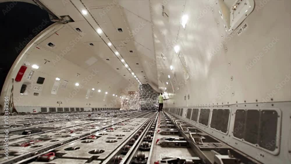 Vidéo Stock air cargo inside. Interior of a large aircraft main deck
