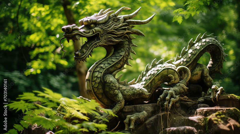 Chinese dragon sculpture in middle of green forest representing 2024