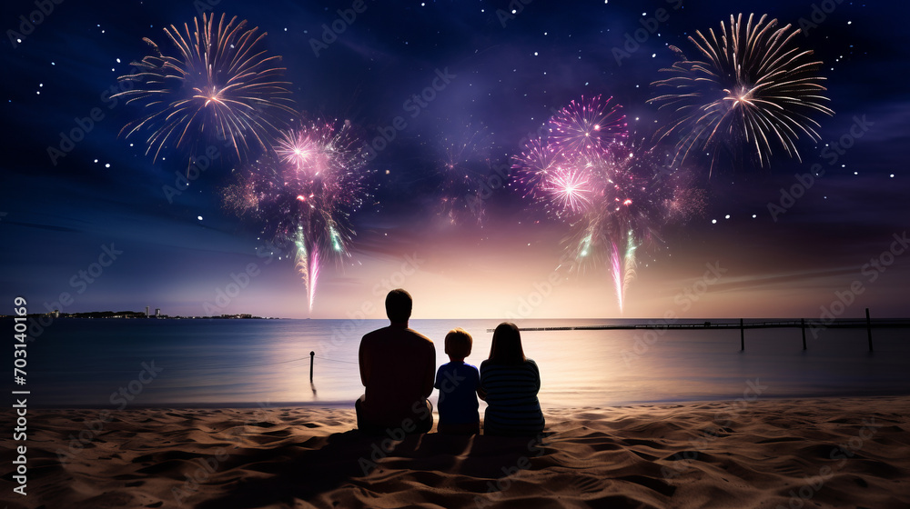 Family sitting on beach at night watching New Year's Fireworks