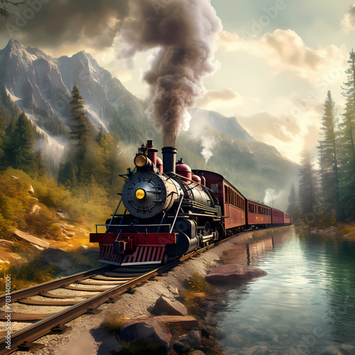 A vintage train traveling through a scenic landscape.