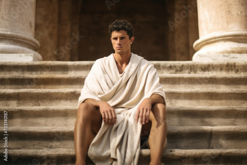 Man wearing a toga sitting on stairs on an ancient Roman temple photo