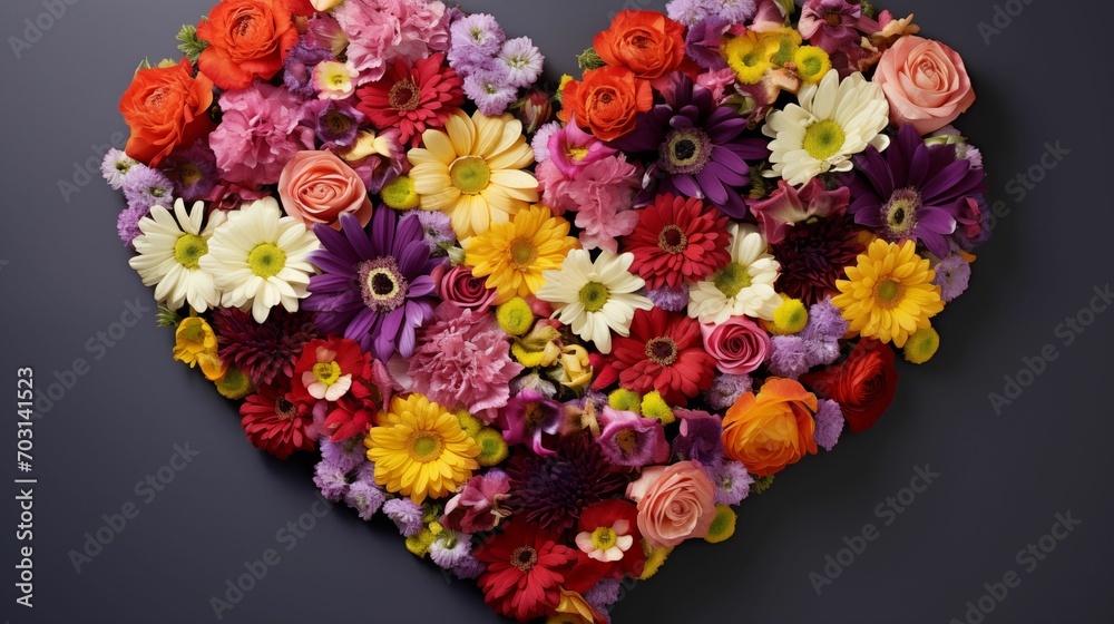 A heart-shaped arrangement of colorful flowers. A heart-shaped arrangement of colorful flowers.