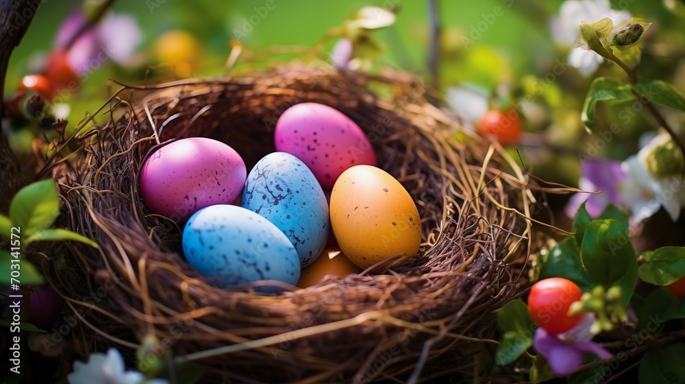 A nest in the garden with colored eggs.