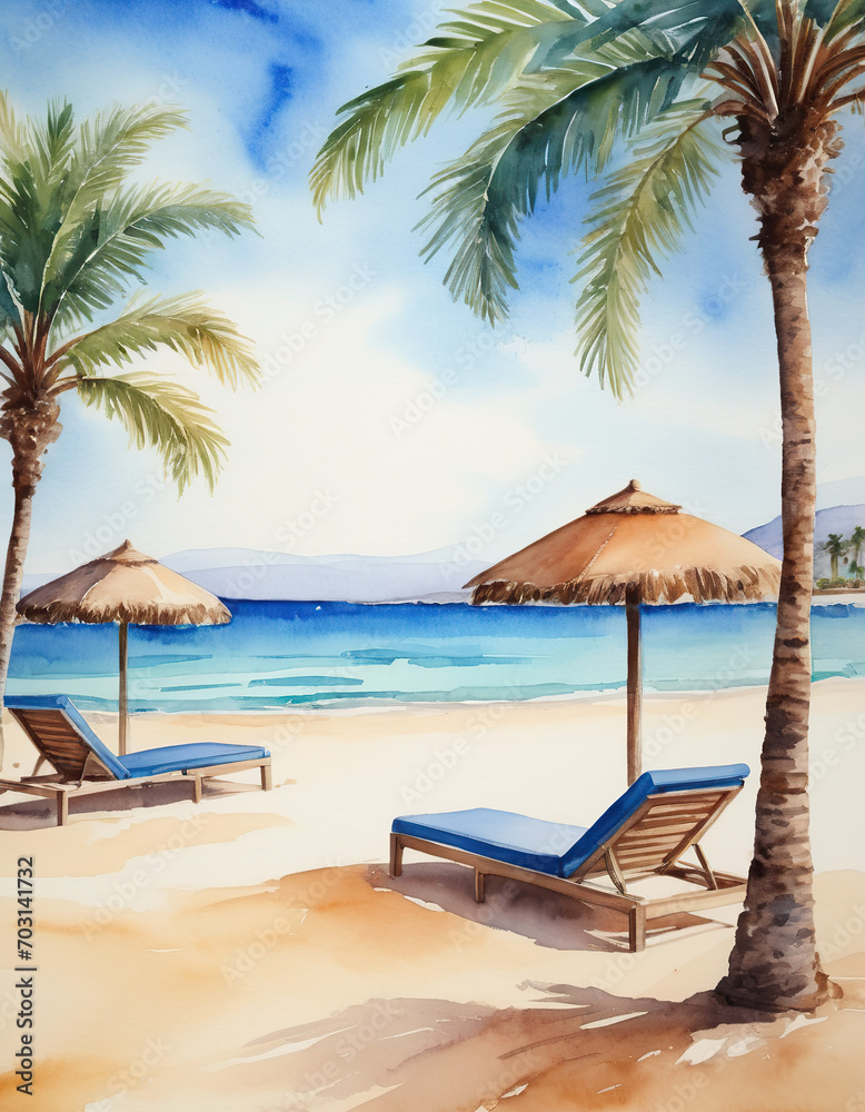 deserted beach, blue sea, palm trees and sun loungers.  watercolor drawing