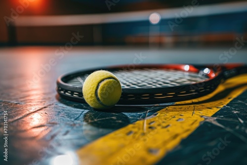 Squash Racquet and Ball on Court, Close-Up.