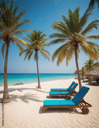 deserted beach, blue sea, palm trees and sun loungers. 
