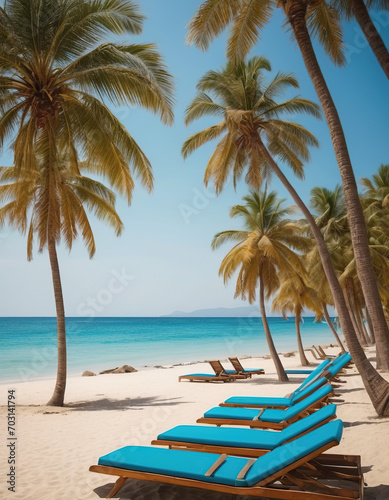 deserted beach  blue sea  palm trees and sun loungers. 