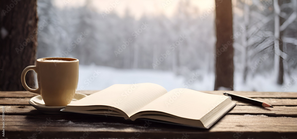 Cup of coffee, opened notebook and pencil on wooden table against winter forest snowy background. generated by AI Cup of coffee, opened notebook and pencil on wooden table against winter forest snowy background. generated by AI