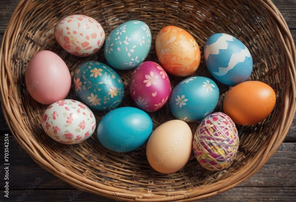 Painting easter eggs on wicker basket