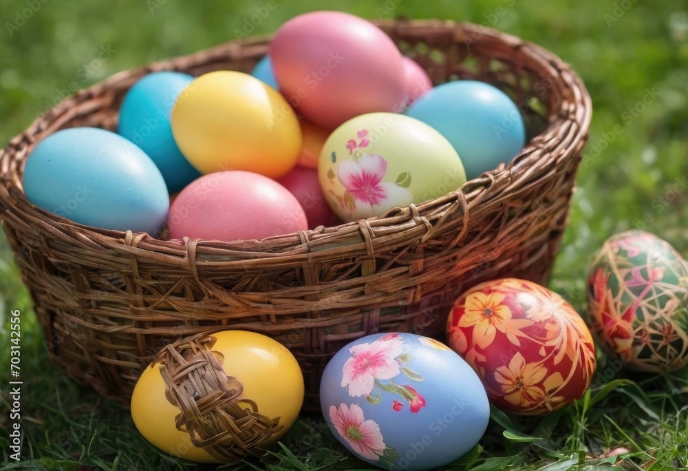 Painting easter eggs on wicker basket