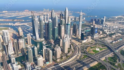 Aerial view of Dubai Marina. Dubai Marina is an affluent residential neighborhood known for The Beach.