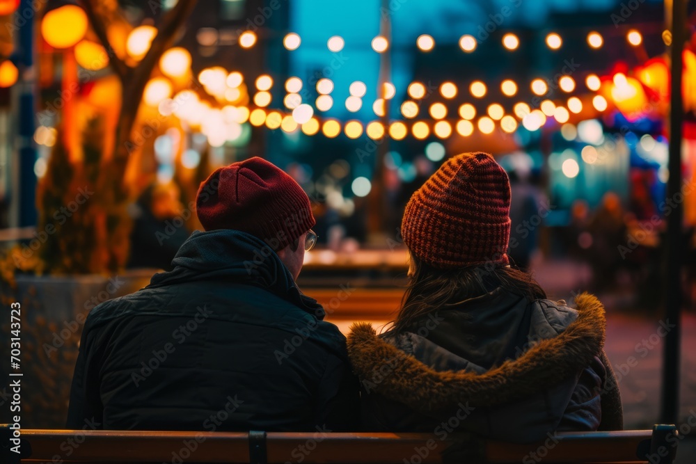 Fototapeta premium Cozy Winter Evening at Fair. Couple enjoying a fair at night.