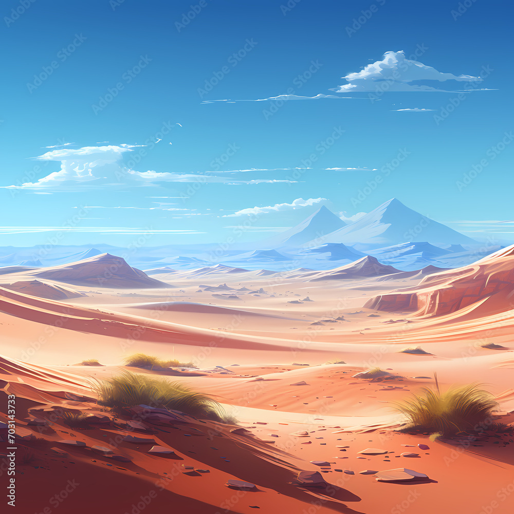 A tranquil desert landscape with dunes.