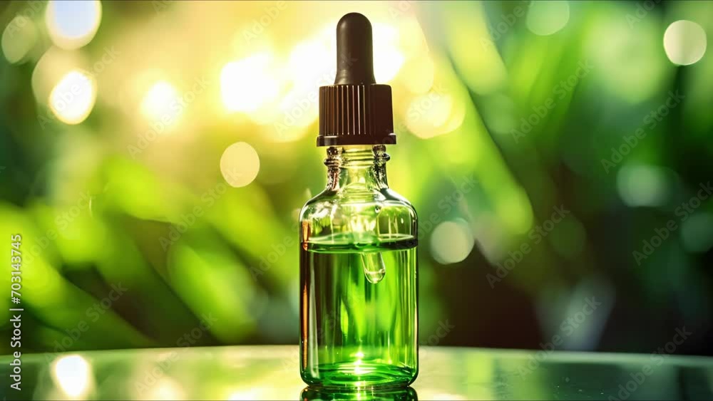 Closeup of a recycled glass pump bottle, displaying a vibrant green facial oil with a dropper for controlled application.