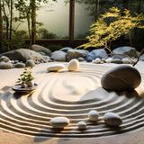 A tranquil zen garden with raked sand and smooth stones.