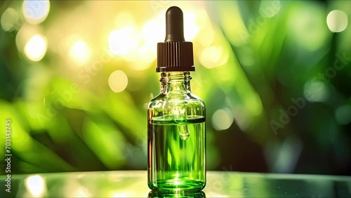 Closeup of a recycled glass pump bottle, displaying a vibrant green facial oil with a dropper for controlled application. photo