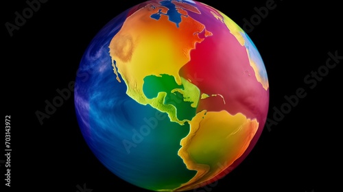 Fictional portrayal of a rainbow-colored Earth-like planet out in space photo