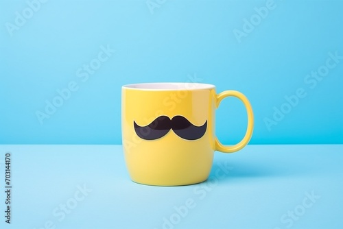 Blue mug with a mustache on light yellow background. Copy space. Fathers day concept