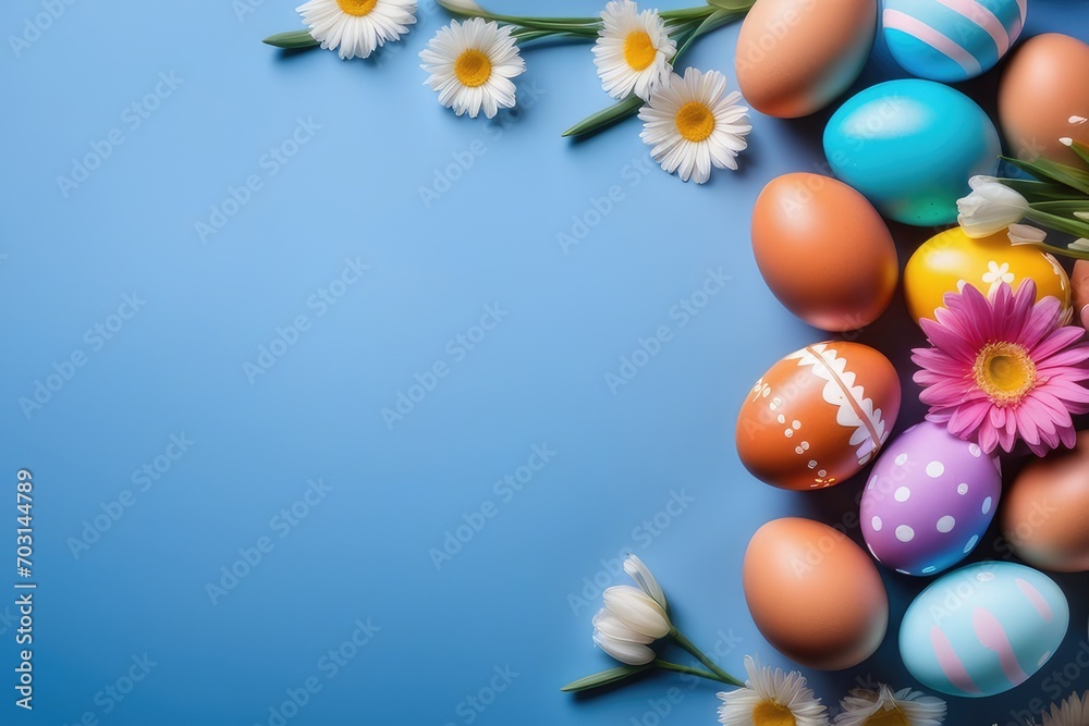 easter eggs and flowers on blue background