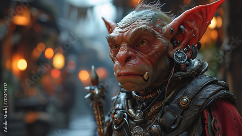 Cinematic photo of a goblin fantasy character in leather body armor