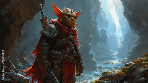 Cinematic photo of a goblin fantasy character in leather body armor