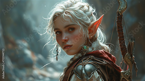 Elf ranger with with hair and braids in the woods with bow and arrows photo