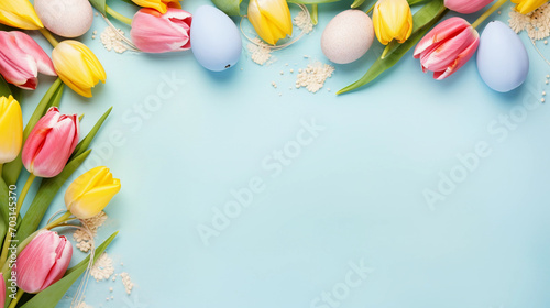 frame with colorful painted easter eggs and tulips on blue pastel background  #703145370