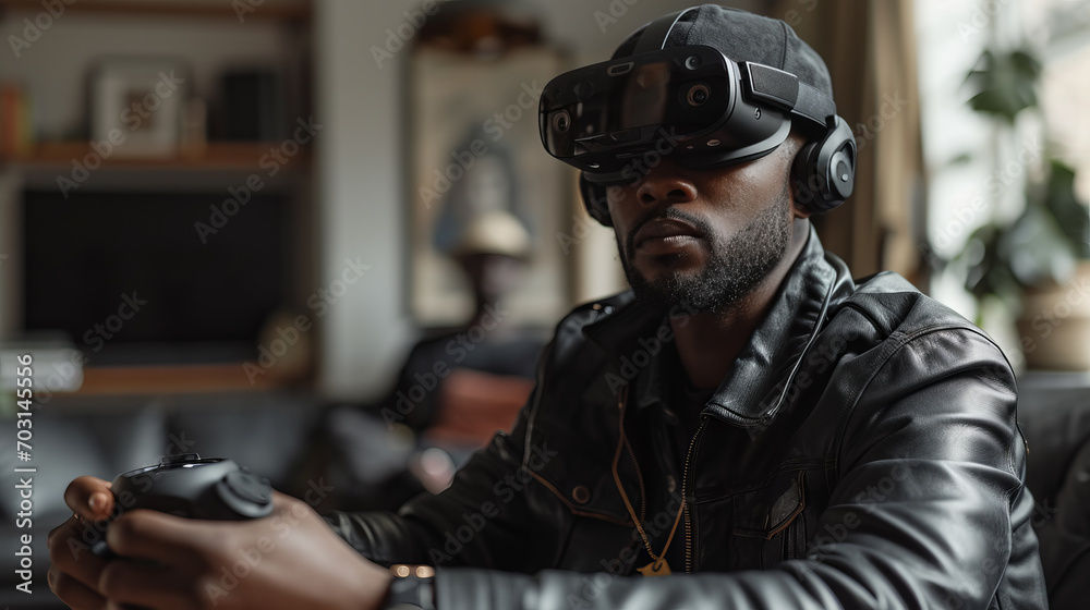 African american man playing video games with virtual reality headset at home
