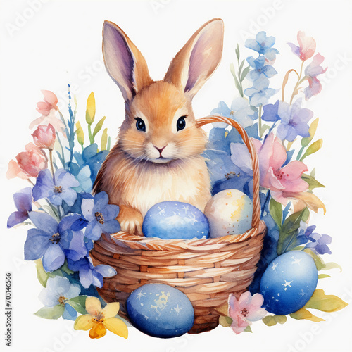 Happy Easter watercolor bunny in basket with spring flowers and Easter eggs 