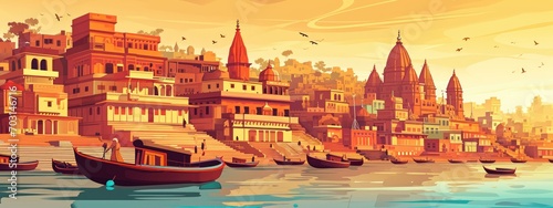 city of Varanasi with river Ganges in India. cartoon illustration