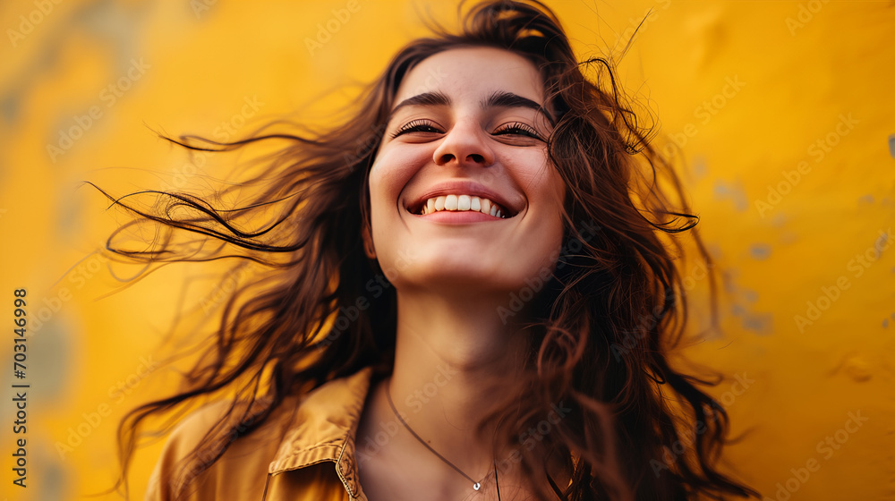 A female smile with her eyes closed, yellow background. Concept for happy well being and wellness