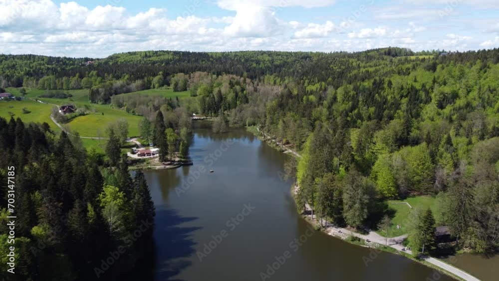 Aerial view of popular swimming lake Ebnisee in the Swabian-Franconian forest Aerial view of popular swimming lake Ebnisee in the Swabian-Franconian forest