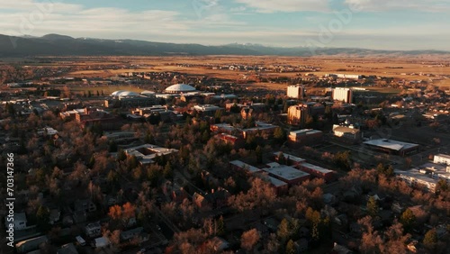 Establishing drone shot of Montana State University at Sunrise photo