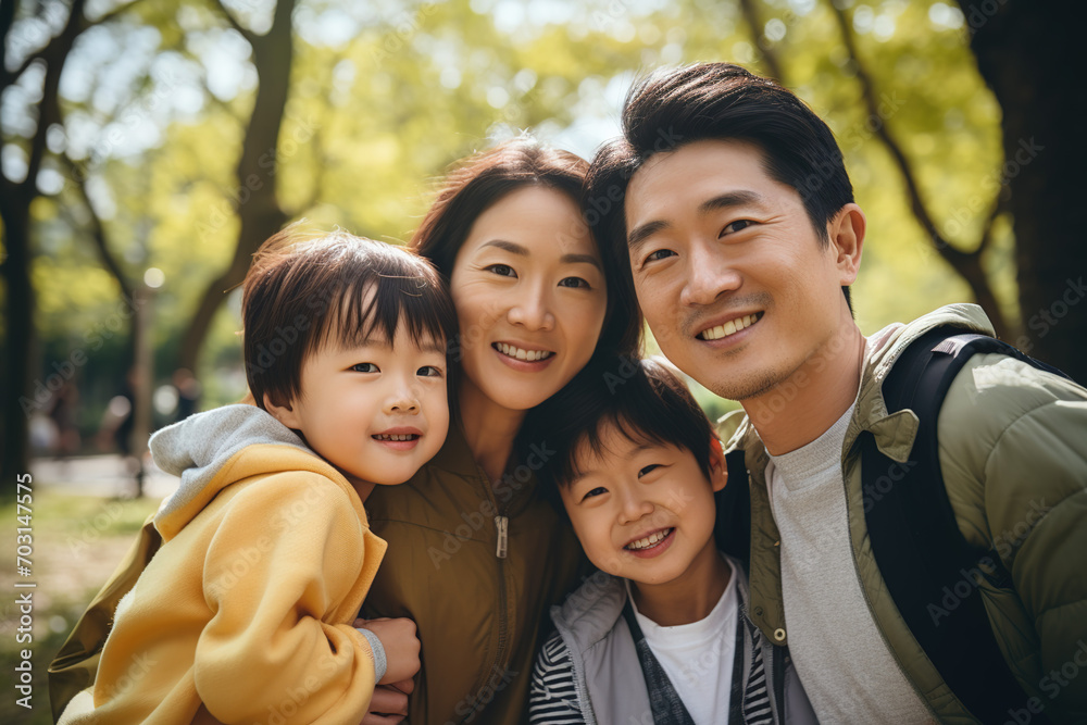 Happy Smiling Beautiful Asian Family with smiling kids outdoors between spring and summer Happy Smiling Beautiful Asian Family with smiling kids outdoors between spring and summer