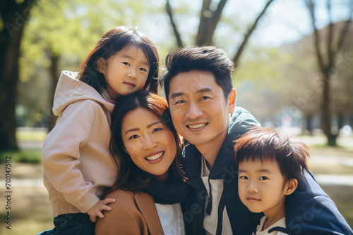 Happy Smiling Beautiful Asian Family with smiling kids outdoors between spring and summer