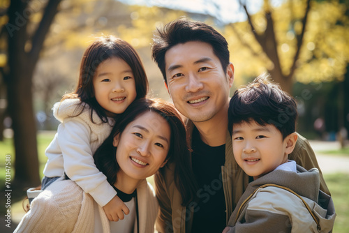 Happy Smiling Beautiful Asian Family with smiling kids outdoors between spring and summer