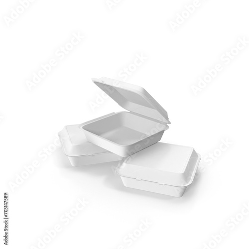 Foam food container on white background, foam food container, polystyrene fast food box, isolated on white background 3D realistic close up.