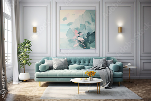Luxury Livingroom house or apartment interior design, mock up room design, plants, and elegant personal accessories. Couch and table furniture with poster art and room accessories home decor