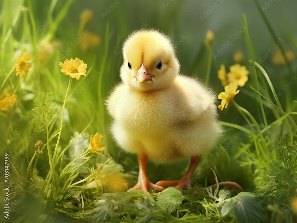 Small baby chick in the lush green grass.