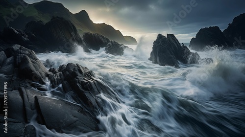 Sea during high tide, with waves crashing against rocks.