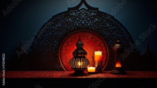 Ramadan Kareem - islamic muslim holiday greeting card with eid lantern or lamp photo