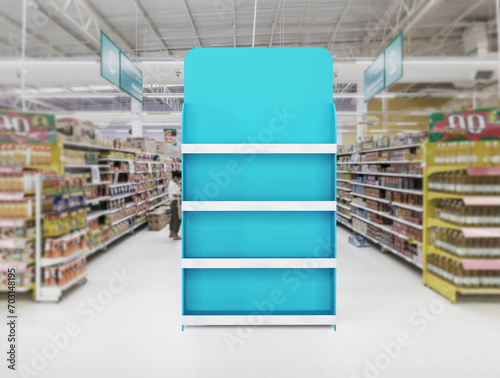 Superstore product display end cap shelf in eye catchy blue color. 3D Illustration photo