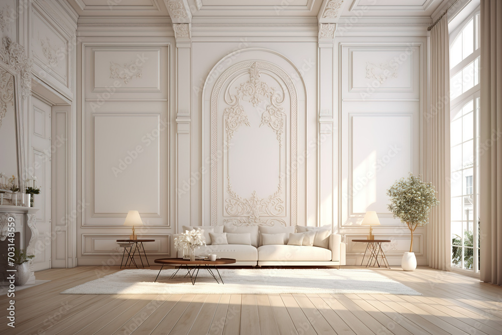 Luxury home interior design of a living room with tall ceiling, white sofa, french windows, fireplace, white panel wall background, modern house decor architecture Luxury home interior design of a living room with tall ceiling, white sofa, french windows, fireplace, white panel wall background, modern house decor architecture