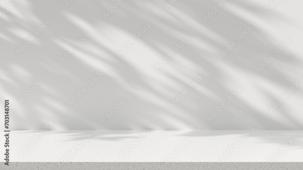 Obraz premium Empty space stone table top on white wall background with tree shadow sunlight. Mockup scene display for products presentation. 