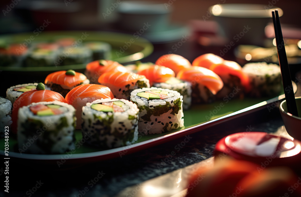 A Plate of sushi rolls made by a chef in a restaurant A Plate of sushi rolls made by a chef in a restaurant
