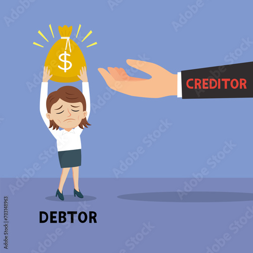 Big hand creditor receive money from a female debtor. illustration vector cartoon.