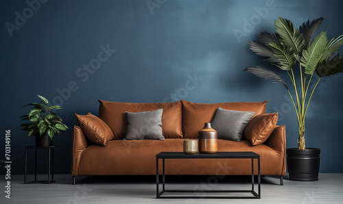 The interior design of a modern home or apartment living room with a dark blue background wall and leather couch with pillows for decor photo